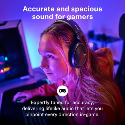 Shows a gamer wearing the headphones, reassuring shoppers that the accurate, spacious audio helps them pinpoint direction in games.