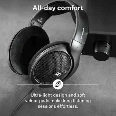 Shows the light build and soft velour pads, reassuring shoppers that long listening sessions stay comfortable.