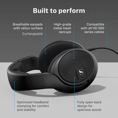 Lists several build features in labelled callouts, reassuring shoppers that the headphones are comfortable, durable and open-sounding. Points to the physical parts of the headphones, showing…