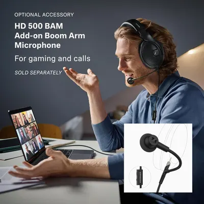 Shows the optional boom mic adds clear voice for gaming and calls, sold separately.
