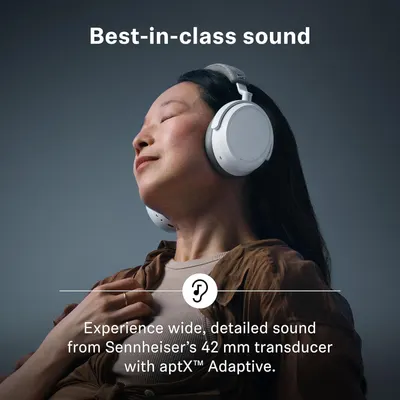 Reassures the shopper that the headphones deliver wide, detailed sound from a large transducer with aptX Adaptive.