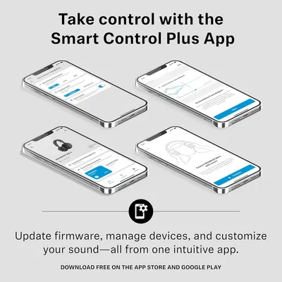 Shows that one app lets shoppers update firmware, manage devices, and customize sound from a single place.