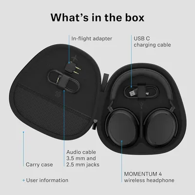 Lists everything in the box so shoppers know the headphones ship with cables, adapters, and a carry case.