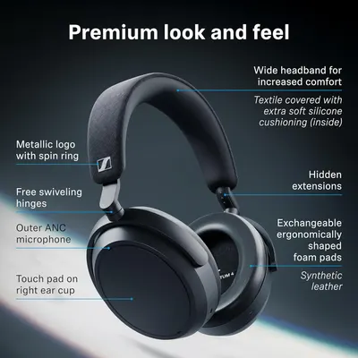Labels the physical parts to show the comfort, build, and premium materials of the headphones. Shows several premium comfort and build benefits at once to reassure shoppers about quality and fit.