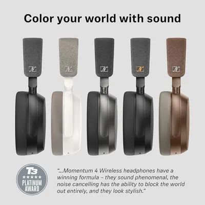 Shows the headphones in five color options side by side to show shoppers the range and style choice. Shows a T3 publication review with a Platinum Award badge to prove independent expert approval of…