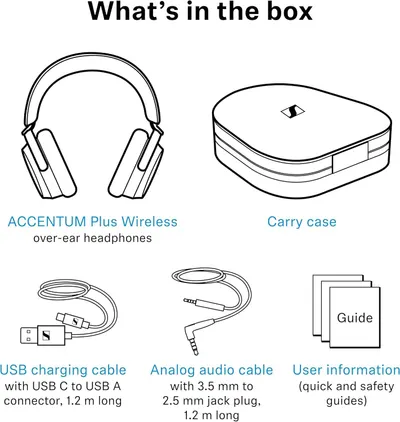 Lists everything in the box so shoppers know the case, charging cable and audio cable are all included.