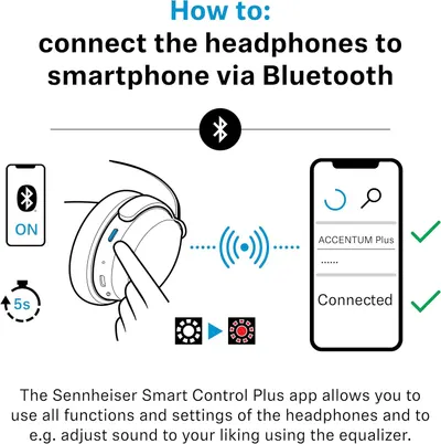 Explains how to pair the headphones with a smartphone over Bluetooth and links the Smart Control Plus app. Assures shoppers that pairing is simple and the app gives full control over settings and…