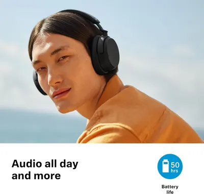 Shows a 50 hour battery life so shoppers know the headphones last all day and more. Tells shoppers they can listen all day without recharging.