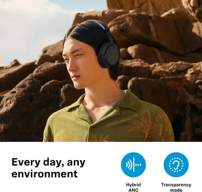 Shows the headphones working in any setting with active noise cancellation and transparency mode for everyday use.