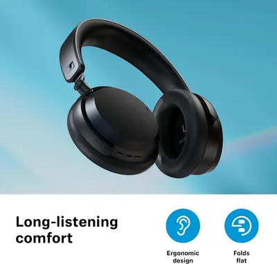 Reassures the shopper that the headphones stay comfortable over long sessions and fold flat for easy carrying.