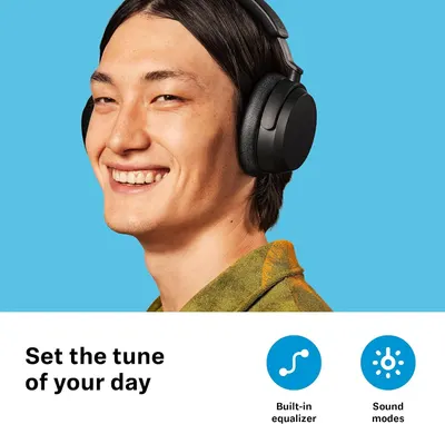 Shows a relaxed listener in a bold lifestyle photo with a headline about tuning the listening experience to your day. Two icons add a quick reassurance on built-in equalizer and sound modes.