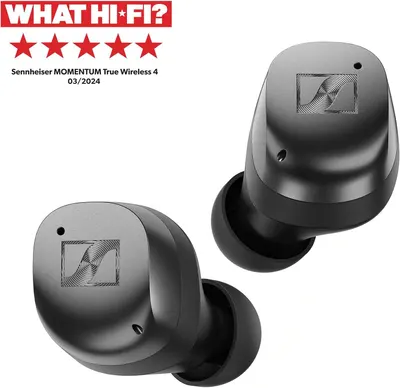 Shows a What Hi-Fi five star rating to reassure shoppers the earbuds are professionally reviewed as top quality.