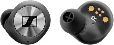 Shows both earbuds from the front and the ear tip side on a clean white background.