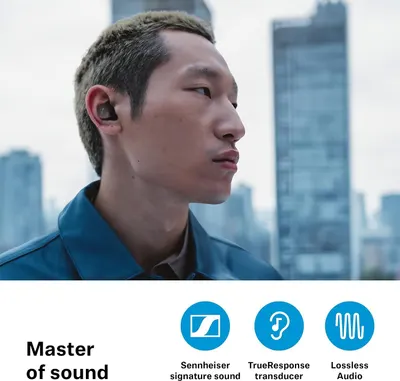 Highlights three sound benefits in icon panels to reassure shoppers about audio quality.