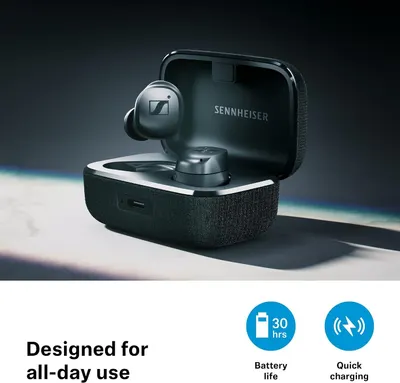 Puts a 30 hour battery figure front and centre to reassure shoppers the earbuds last all day with quick top-ups. Frames the battery stat under one headline…