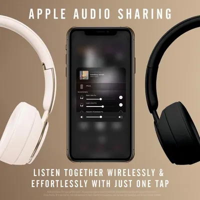 Shows two headphones can join one iPhone audio session with a single tap so friends can listen together.
