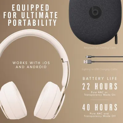 Shows the headphones are easy to carry with a case and cable, work on both phone systems, and last up to 40 hours on one charge. Shows the case and charging cable included in the box so the buyer…