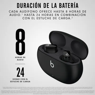 Uses large numbers to show each earbud lasts up to 8 hours and the case extends total use to 24 hours. Reinforces that the battery lasts long enough for a full day of use.