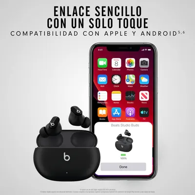 Shows the earbuds pair in one tap with both iPhone and Android devices, so buyers know they will work with their phone. Promises a simple setup that connects instantly, with battery status shown on…