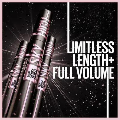 Bold headline and dramatic product shot promise long, full lashes from the mascara.