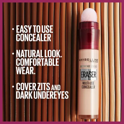 Three bulleted benefits show the concealer is easy to apply, looks natural, and covers blemishes and dark circles.
