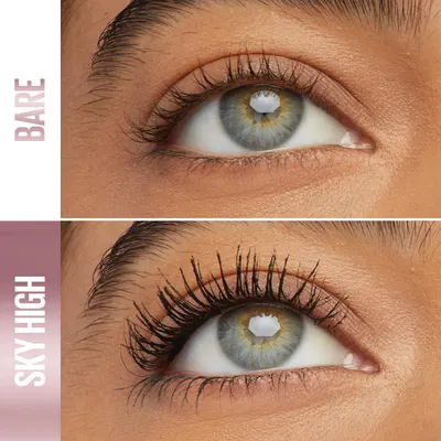 Shows the same eye bare versus with Sky High, proving added length and volume.