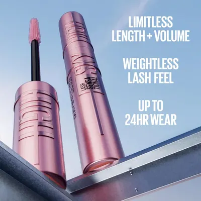 Stacks three selling claims in separate text blocks over the packaging to show why the mascara performs.