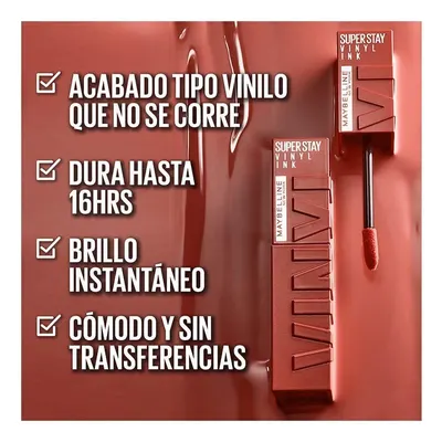 Four benefit bullets reassure shoppers the lip color stays put, lasts all day and feels comfortable.