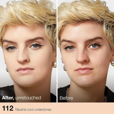 Shows the same model before and after applying the foundation to prove it evens skin tone naturally. Signals that shade 112 suits neutral cool undertones so…