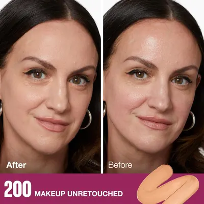 Split photo shows the same face before and after makeup, proving the foundation evens skin with natural coverage.