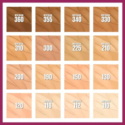 A grid of all 16 shades shows the wide shade choice available across the Eraser line so shoppers can find a match.