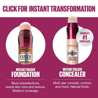 Side-by-side Eraser foundation and concealer shows the brand line-up so shoppers can pick the right product from the range.
