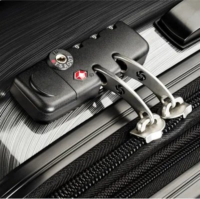 Close-up of the built-in TSA-approved combination lock reassures shoppers that their belongings stay secure while traveling.