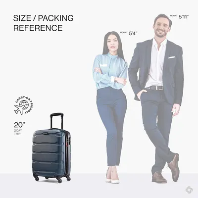 Shows the 20 inch case beside average adult heights so shoppers can judge its carry-on size.