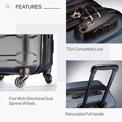 Lists three practical features in separate panels so shoppers see the wheels, lock and handle are built for travel.