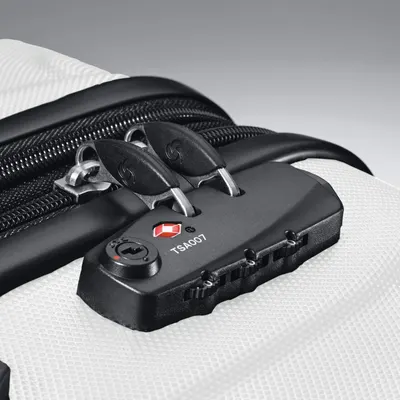 Close-up of the built-in TSA-approved lock reassures travellers that the bag can be checked securely.