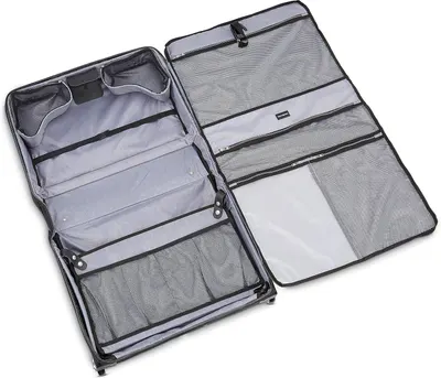 Shows the open garment bag interior with hanging space and pockets so shoppers see how it stores clothing.