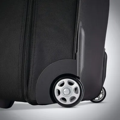 Close-up of the spinner wheels reassures shoppers the case rolls smoothly through airports and hotels.