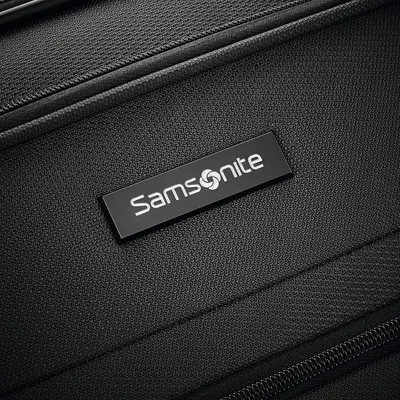 Close-up of the Samsonite nameplate tells shoppers this luggage comes from an established brand.