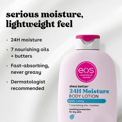 Lists four separate benefits, from long-lasting moisture to a light, non-greasy feel, to reassure shoppers the lotion works and suits sensitive skin.