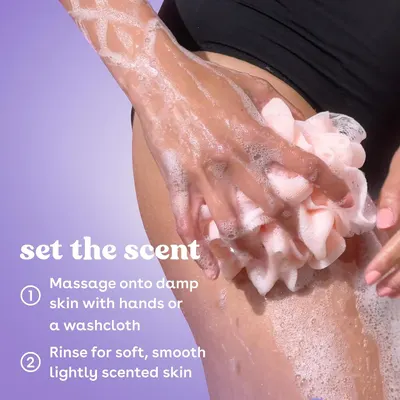 Shows the two simple steps to apply the body wash so shoppers know how to get a soft, lightly scented finish.
