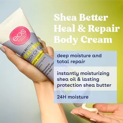 Lists three benefits: deep repair, instant moisture from shea, and 24-hour protection. Reassures shoppers the cream works for dry skin.