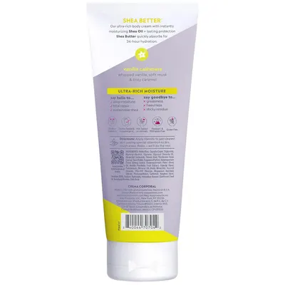 Uses icon rows and say hello or goodbye panels on the back label to list moisture benefits and clean-formula claims. Shows safety and cruelty-free icons so…