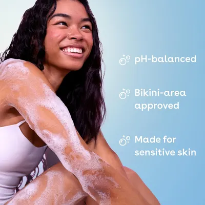Pairs a happy lifestyle shower scene with three short claims to reassure shoppers the body wash is gentle and safe for sensitive areas.