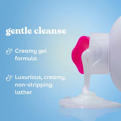 Shows one gentle cleansing claim over a product pour shot, reassuring shoppers the wash cleans without stripping skin.