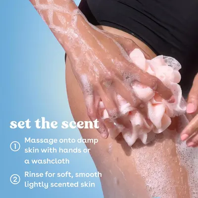 Shows the two-step usage routine so shoppers know how to apply the wash and what result to expect. Pairs the usage steps with the result of soft, smooth, lightly scented skin.