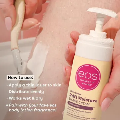 Gives the step-by-step application method so shoppers know how to use the shave cream correctly. Reinforces that the shave cream works in any condition and pairs well with the eos body lotion range.
