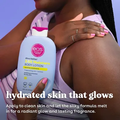 Pairs a lifestyle photo with one headline to show the lotion leaves skin hydrated and glowing.