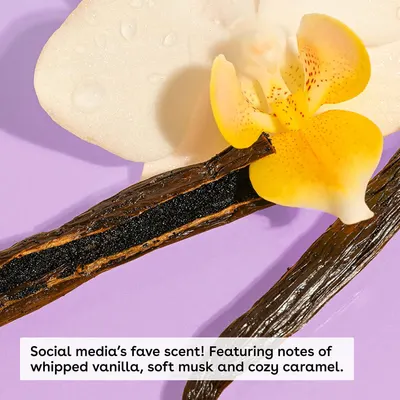 Presents the whipped vanilla, soft musk and caramel scent as the main appeal to shoppers who want a popular, cozy fragrance.