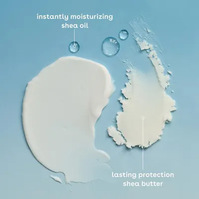 Points to the two key textures in the formula so shoppers understand which part gives quick hydration and which gives lasting protection. Pairs the two callouts into two clear benefits, quick…